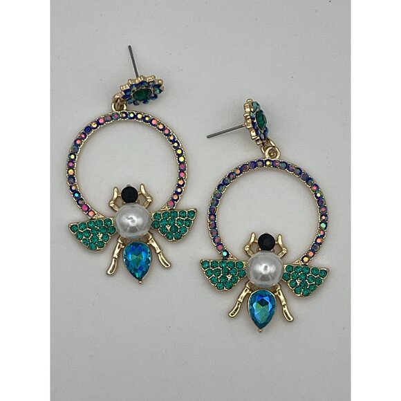 Pierced Earrings Butterfly Insect Blue Green Aurora Borealis Rhinestones Post St - Picture 4 of 7